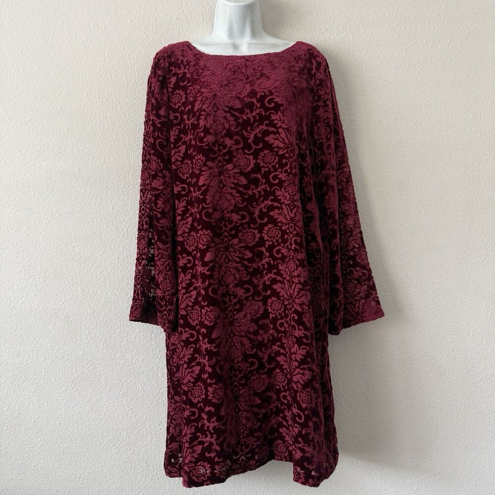 Sundance Silk Blend Burnout Velvet Dress Burgundy Damask Floral Shift Goth Boho